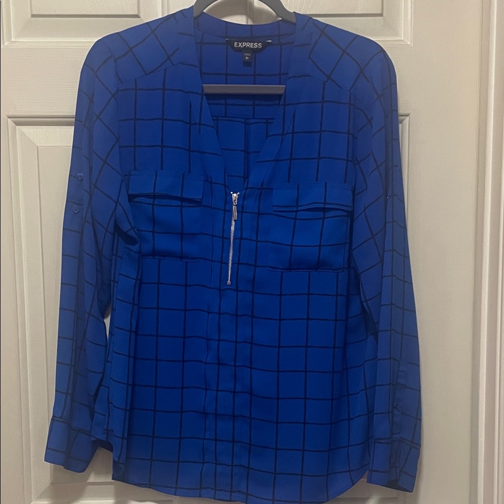 Express Women's Royal Blue Grid Blouse